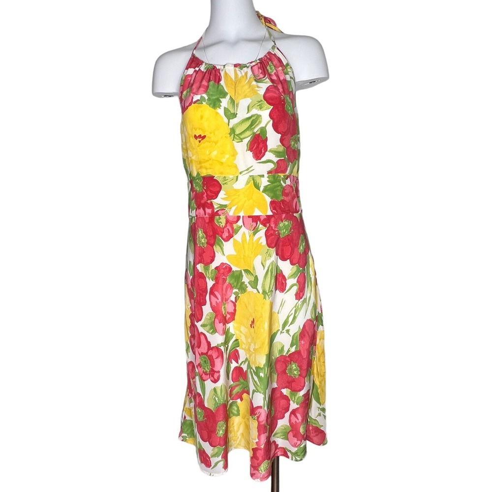 Ann Taylor Loft Silk‎ Halter Dress Size 12 Tropical Floral Open Back Pink Yellow